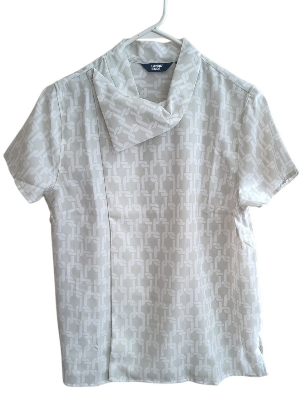 Lands' End Short-Sleeve Patterned Blouse With Asymmetric Draped Collar Size 10P